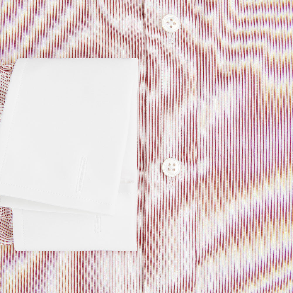 Turnbull & Asser UK SHIRTS RF NEW WH T&A CLR WHITE/DARK RED STRIPE long-sleeved button-down shirt featuring a fine dark red and white pinstripe pattern with a white collar and white double cuffs.