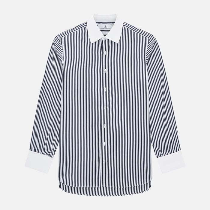 Double Stripe Navy Classic Contrast Collar Regular Fit Shirt in Cotton