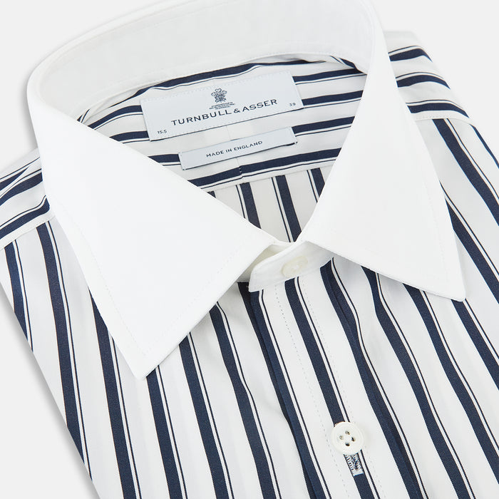 Shadow Stripe Navy Classic Contrast Collar Regular Fit Shirt in Cotton Image 1