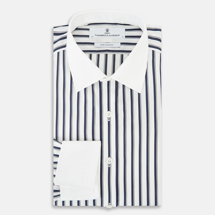 Shadow Stripe Navy Classic Contrast Collar Regular Fit Shirt in Cotton Image 4