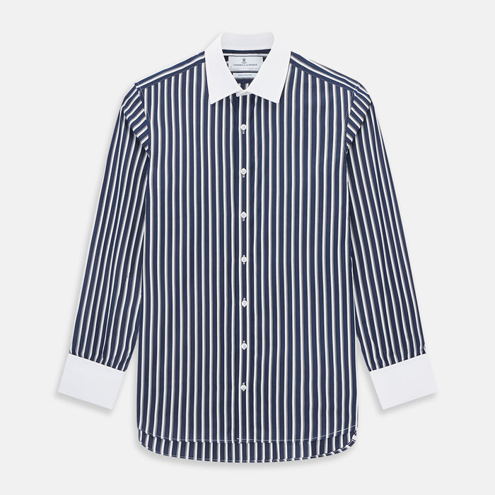 Double Stripe White Classic Contrast Collar Regular Fit Shirt in Cotton