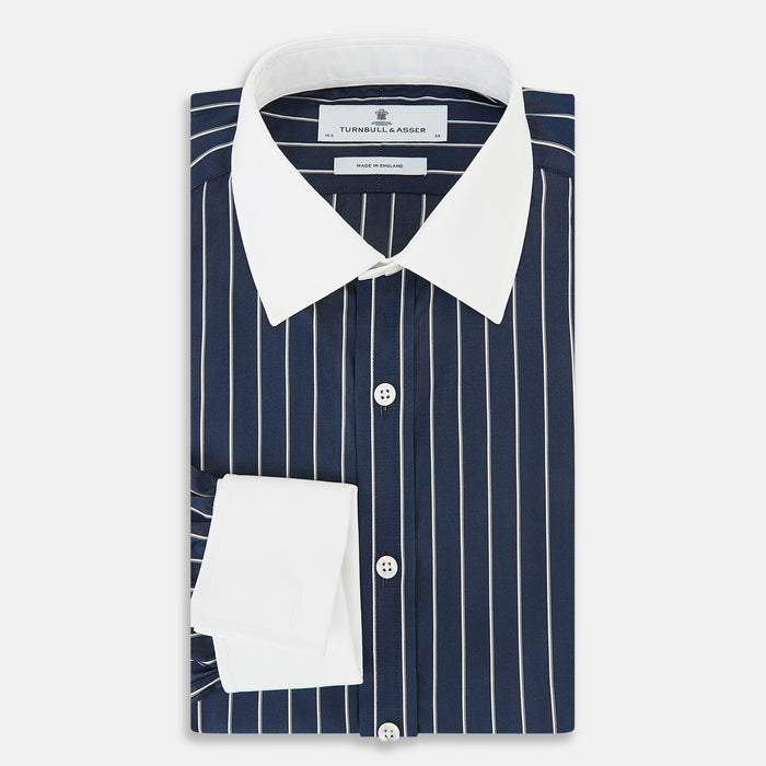 Bar Stripe Navy Classic Contrast Collar Regular Fit Shirt in Cotton Image 4