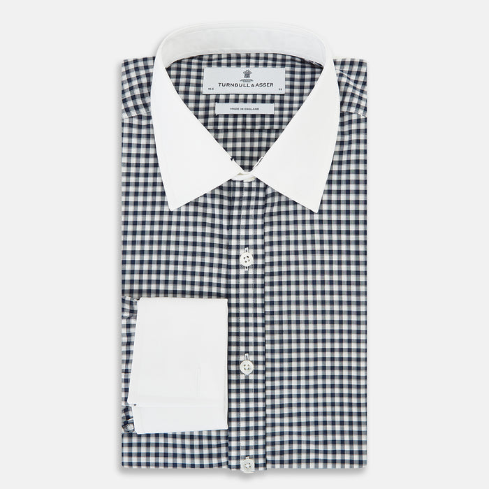 Gingham Check Navy Classic Contrast Collar Regular Fit Shirt in Cotton Image 4