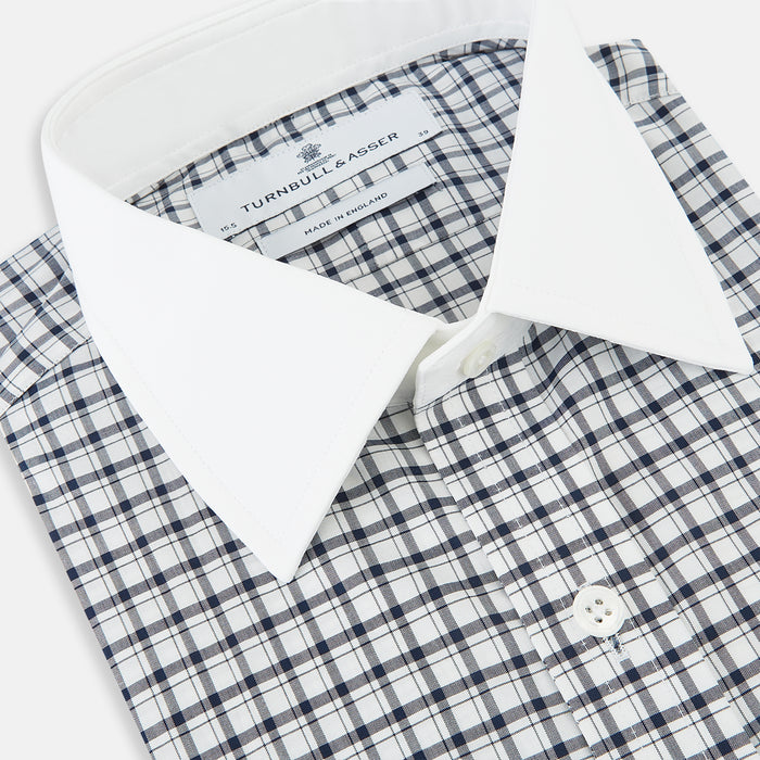 Double-Track Check Navy Classic Contrast Collar Regular Fit Shirt in Cotton Image 1