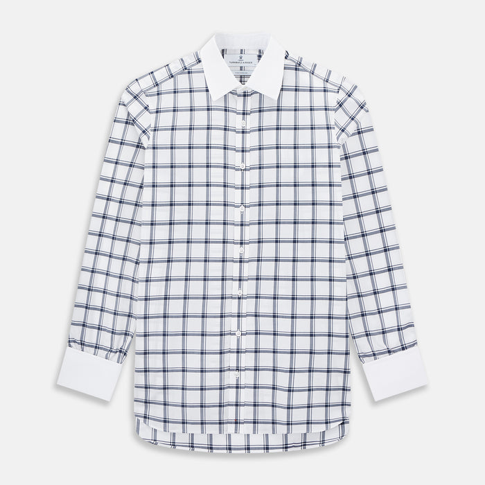 Windowpane Check Navy Classic Contrast Collar Regular Fit Shirt in Cotton