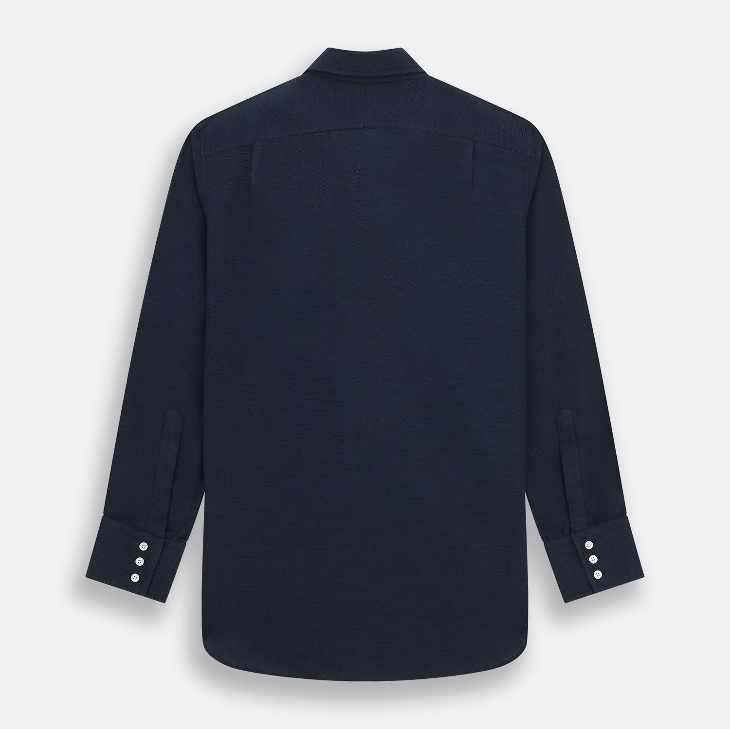 View 5 of product The Turnbull & Asser Navy Cotton Cashmere Chelsea Shirt features long sleeves, a classic collar, front chest pocket, and white buttons, shown laid flat on a white background.
