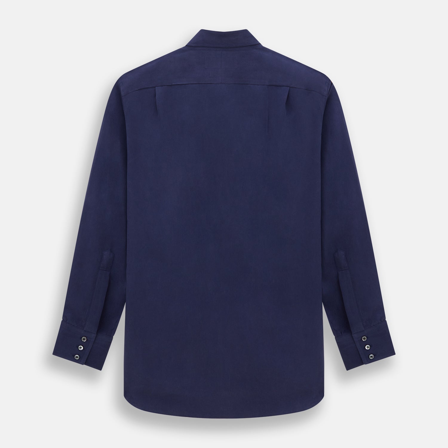 View 3 of product The Navy Silk Chelsea Shirt by Turnbull & Asser features a long sleeve, collar, single chest pocket, and a refined Chelsea fit, displayed against a white background.