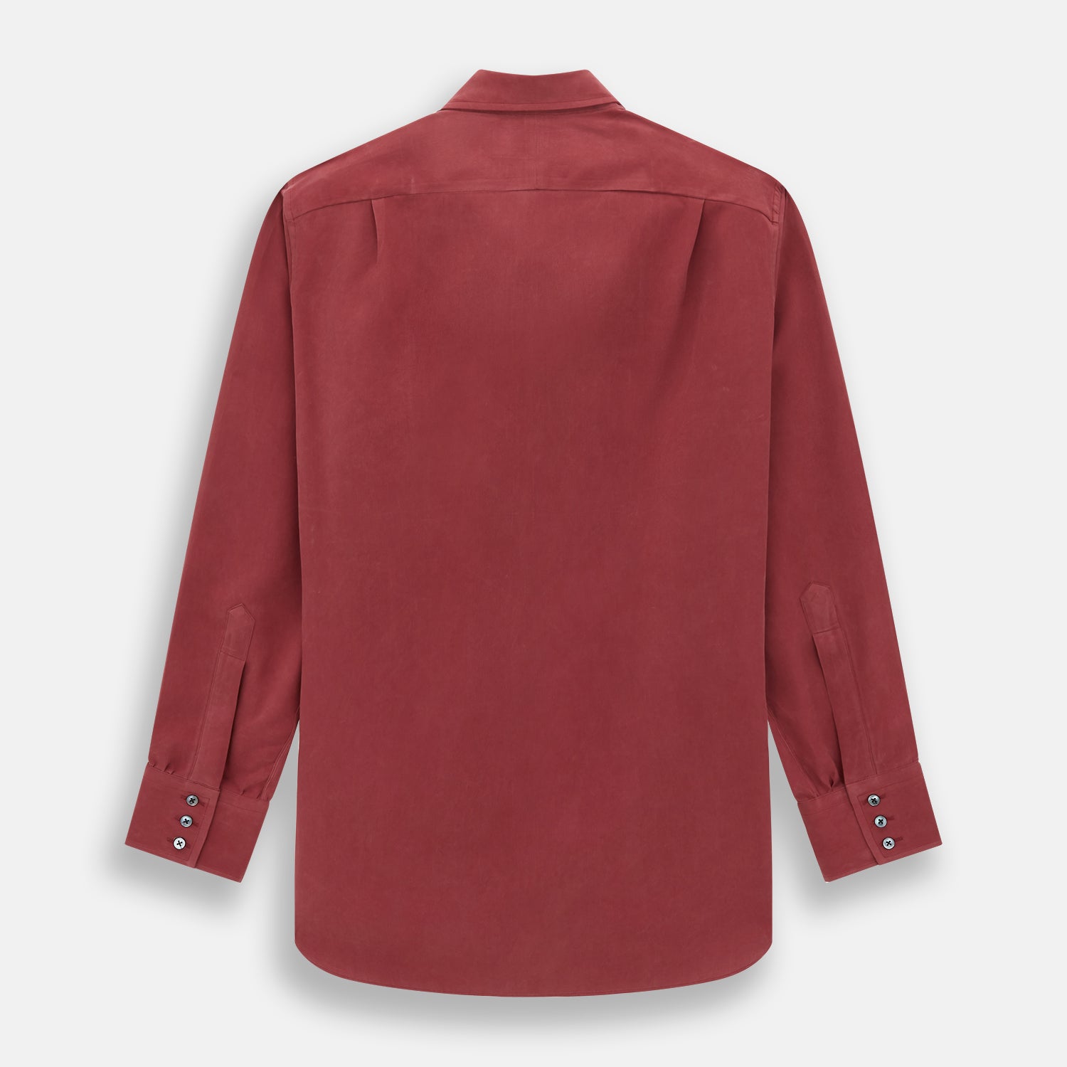 View 3 of product The Turnbull & Asser Burgundy Silk Chelsea Shirt is a long-sleeve, button-up top with a single chest pocket, shown on a white background.