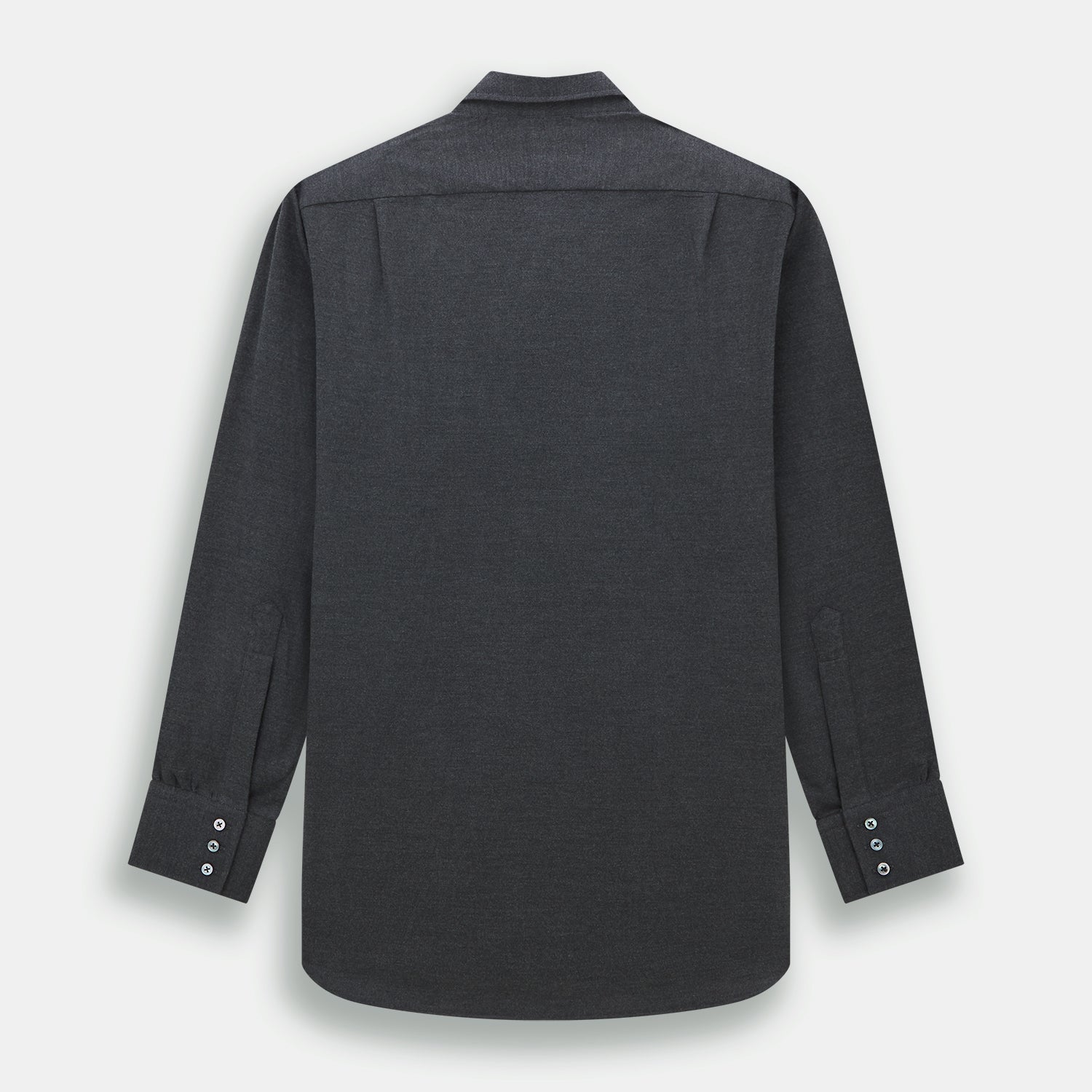 View 5 of product The Charcoal Chelsea Shirt by Turnbull & Asser is a long-sleeve, collared shirt in charcoal gray with a single chest pocket, offering smart-casual style, shown on a plain white background.