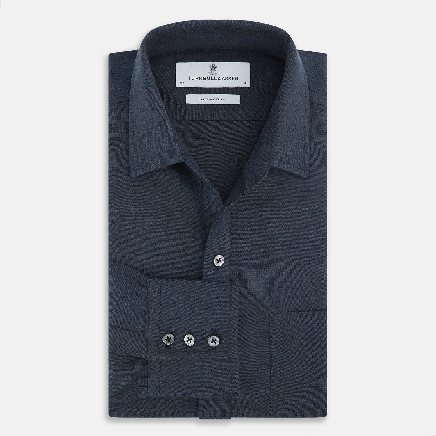 View 4 of product The Navy Chelsea Shirt by Turnbull & Asser is a long-sleeve, button-down flannel with a chest pocket, shown flat on a white background for a classic smart-casual style.