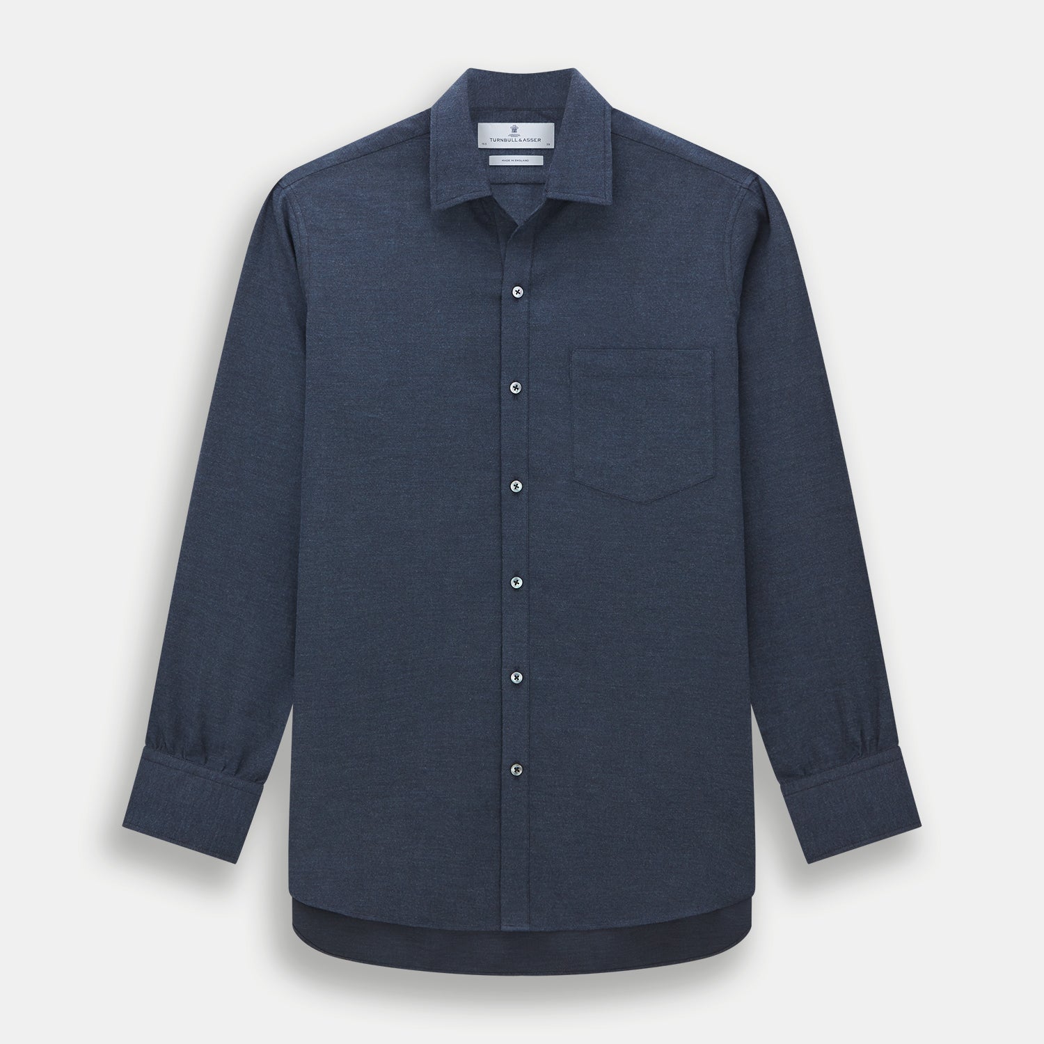 View 1 of product The Navy Chelsea Shirt by Turnbull & Asser is a long-sleeve, button-down flannel with a chest pocket, shown flat on a white background for a classic smart-casual style.