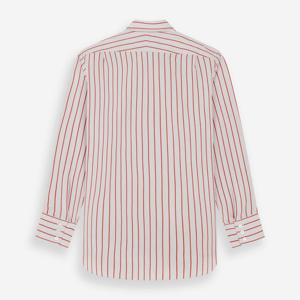 The Turnbull & Asser Red Multi Track Stripe Chelsea Shirt features a classic open collar, long sleeves, red vertical stripes on white, and a left chest pocket—laid flat against a plain background.