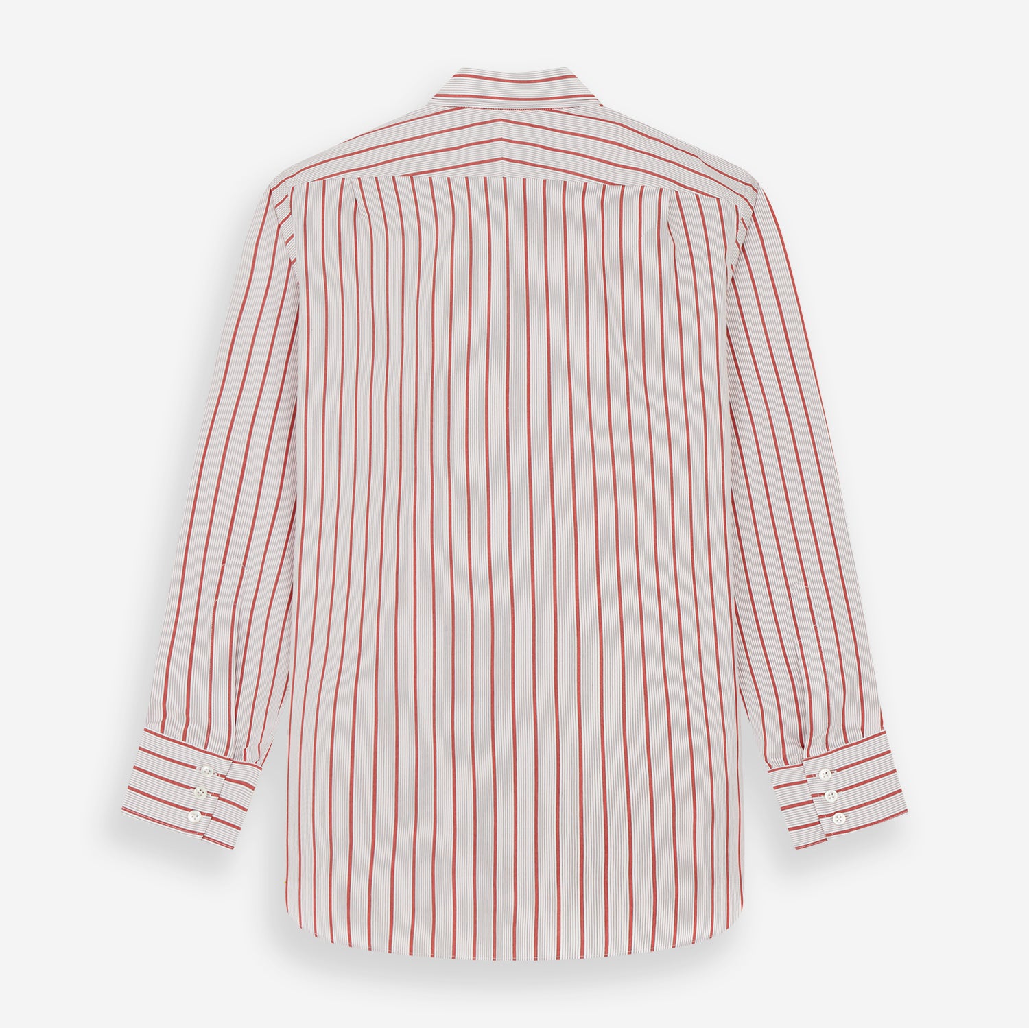 View 6 of product The Turnbull & Asser Red Multi Track Stripe Chelsea Shirt features a classic open collar, long sleeves, red vertical stripes on white, and a left chest pocket—laid flat against a plain background.