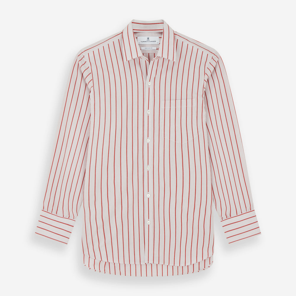 The Turnbull & Asser Red Multi Track Stripe Chelsea Shirt features a classic open collar, long sleeves, red vertical stripes on white, and a left chest pocket—laid flat against a plain background.