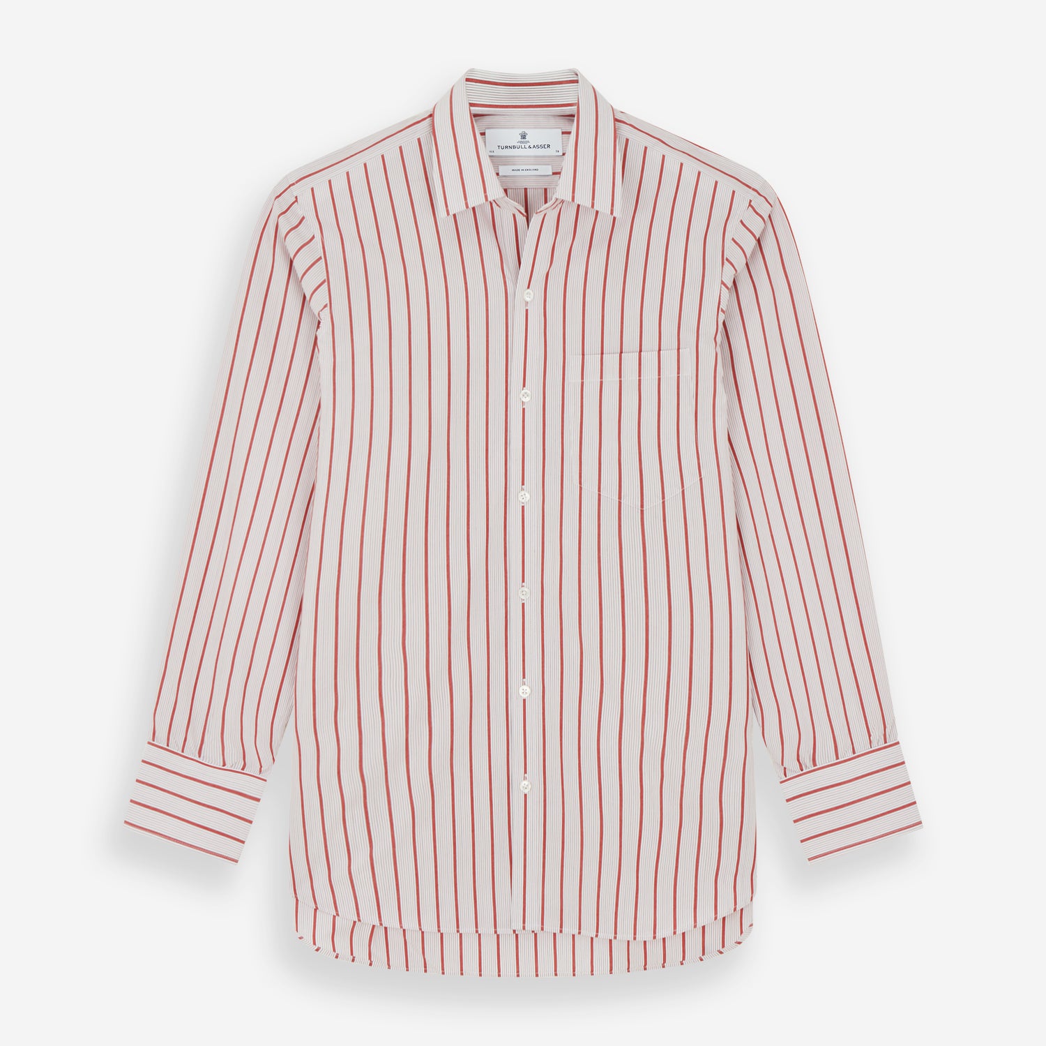 View 1 of product The Turnbull & Asser Red Multi Track Stripe Chelsea Shirt features a classic open collar, long sleeves, red vertical stripes on white, and a left chest pocket—laid flat against a plain background.