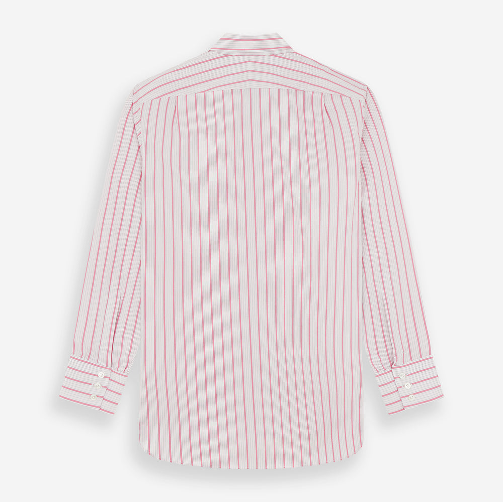 The Turnbull & Asser Pink Multi Track Stripe Chelsea Shirt features long sleeves, an open T&A collar, a left chest pocket, and buttoned cuffs, shown laid flat on a white background.