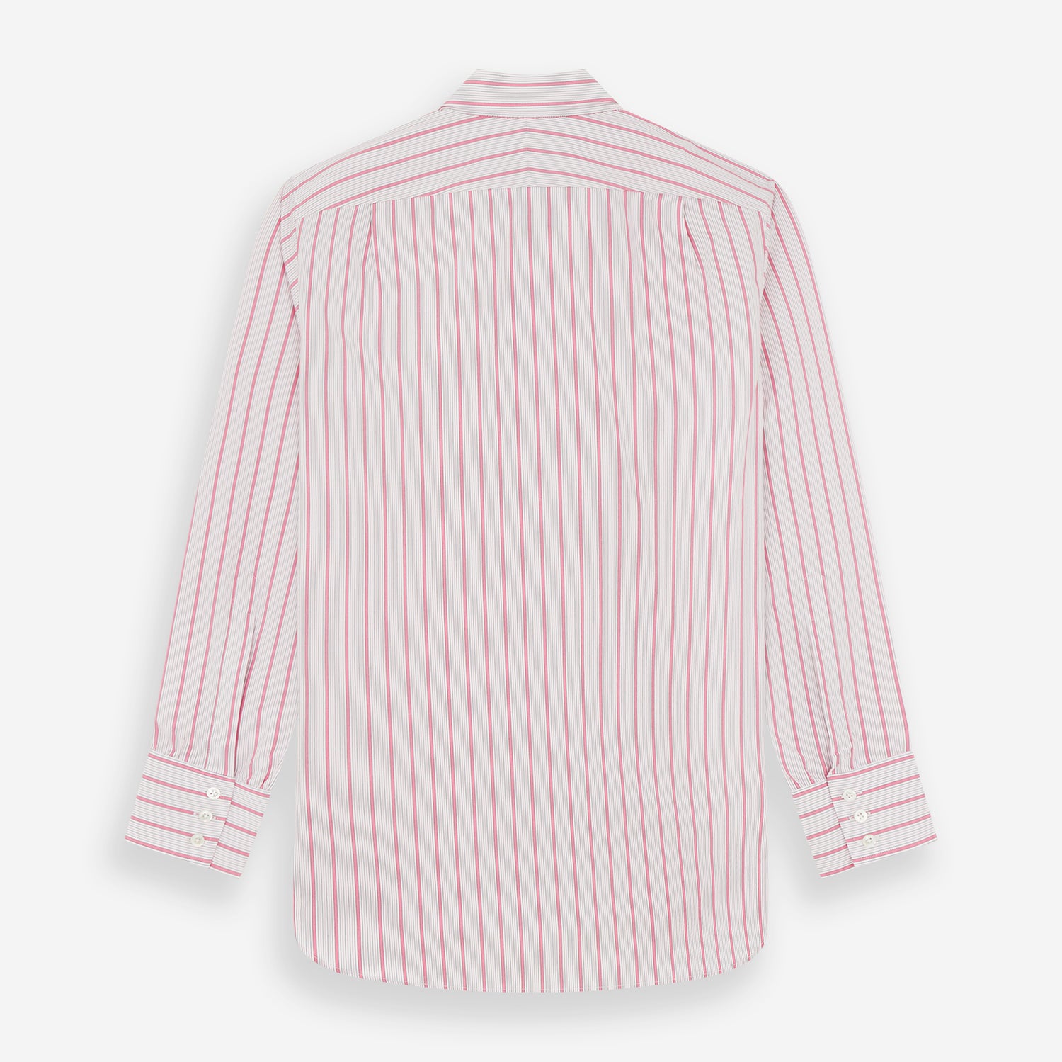 View 6 of product The Turnbull & Asser Pink Multi Track Stripe Chelsea Shirt features long sleeves, an open T&A collar, a left chest pocket, and buttoned cuffs, shown laid flat on a white background.