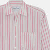 View 4 of product The Turnbull & Asser Pink Multi Track Stripe Chelsea Shirt features long sleeves, an open T&A collar, a left chest pocket, and buttoned cuffs, shown laid flat on a white background.
