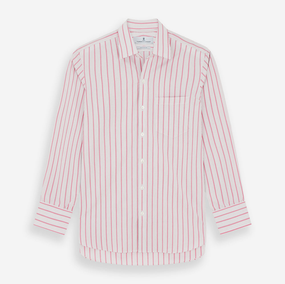 The Turnbull & Asser Pink Multi Track Stripe Chelsea Shirt features long sleeves, an open T&A collar, a left chest pocket, and buttoned cuffs, shown laid flat on a white background.