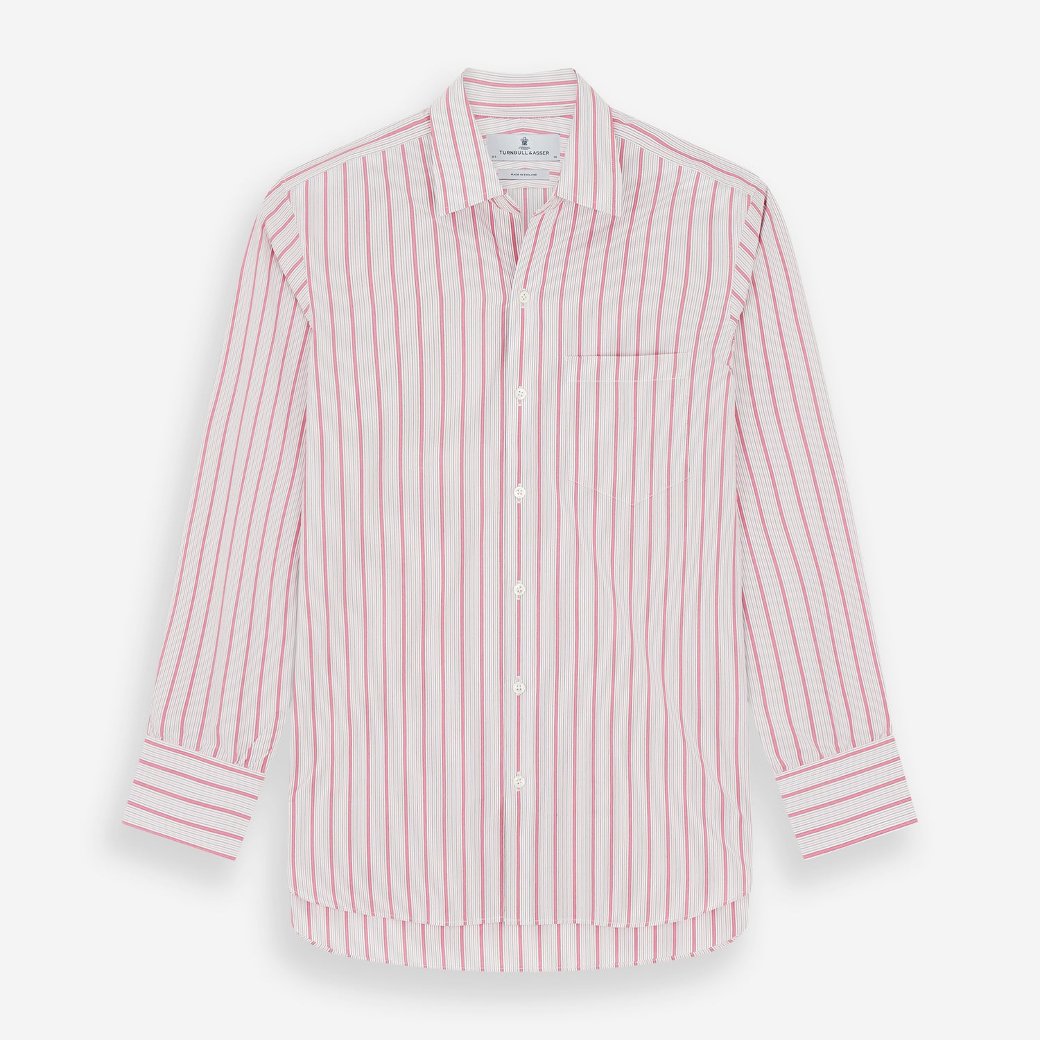 View 1 of product The Turnbull & Asser Pink Multi Track Stripe Chelsea Shirt features long sleeves, an open T&A collar, a left chest pocket, and buttoned cuffs, shown laid flat on a white background.