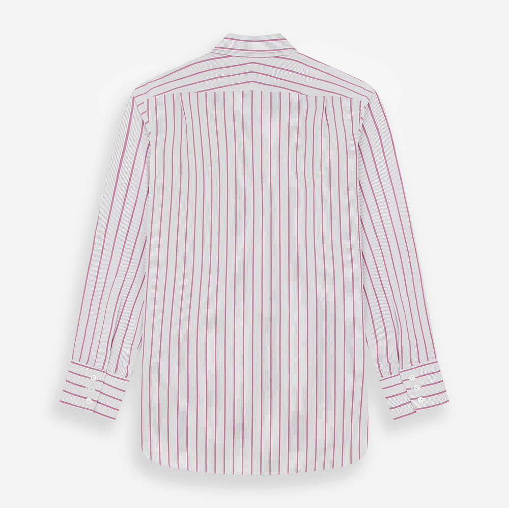 The Purple Multi Track Stripe Chelsea Shirt by Turnbull & Asser features a long-sleeve button-up design with an open Chelsea collar, purple background, vertical multi track stripes, front left pocket, and classic buttoned cuffs.