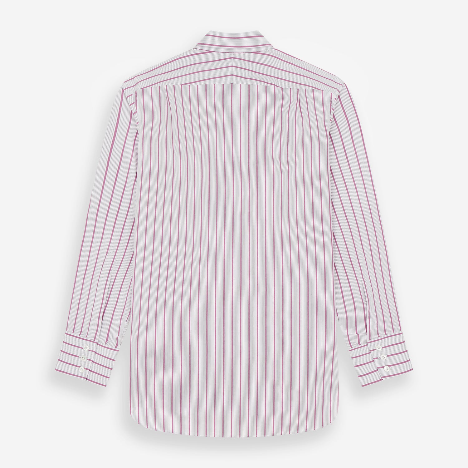 View 6 of product The Purple Multi Track Stripe Chelsea Shirt by Turnbull & Asser features a long-sleeve button-up design with an open Chelsea collar, purple background, vertical multi track stripes, front left pocket, and classic buttoned cuffs.