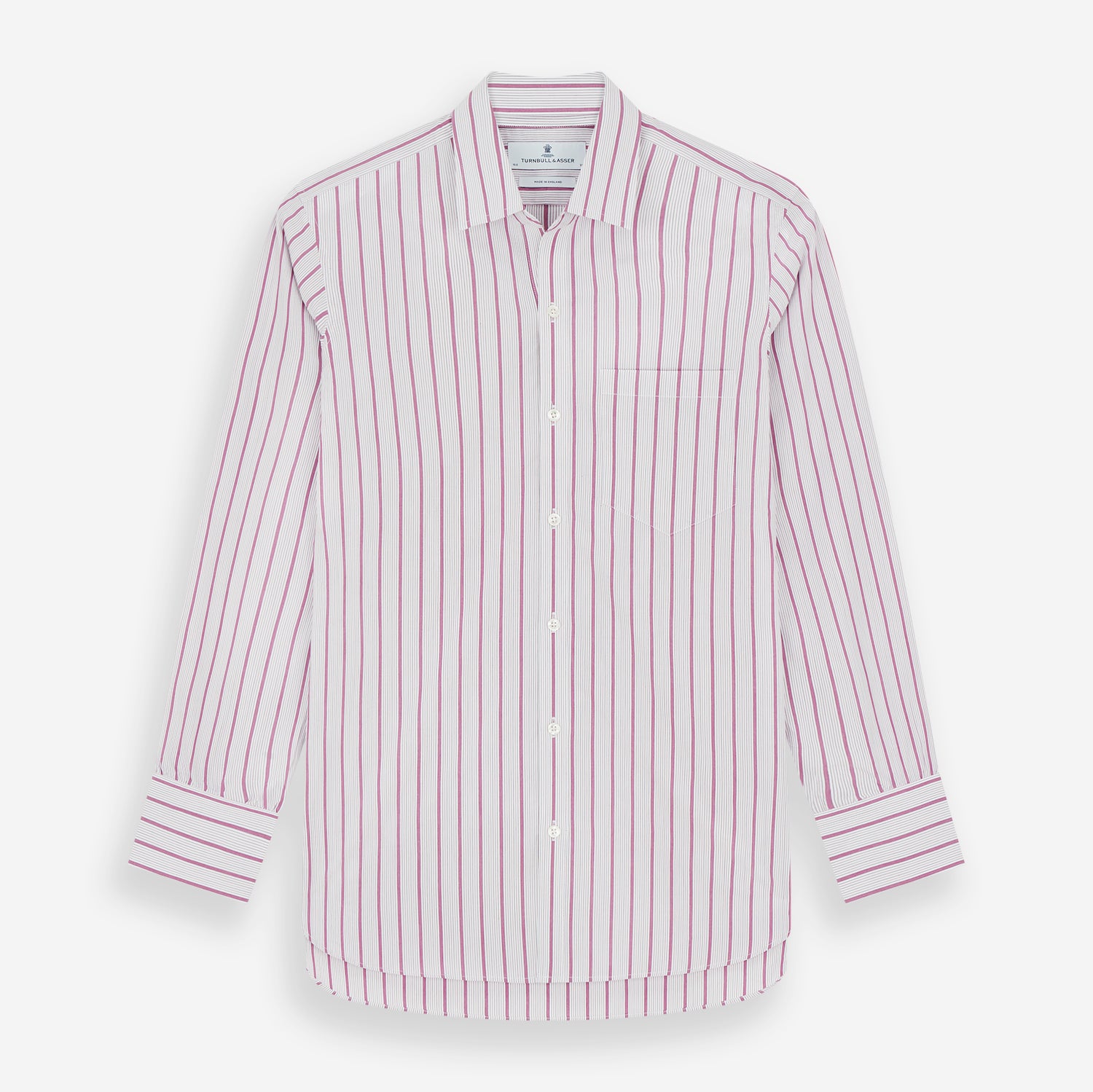 View 1 of product The Purple Multi Track Stripe Chelsea Shirt by Turnbull & Asser features a long-sleeve button-up design with an open Chelsea collar, purple background, vertical multi track stripes, front left pocket, and classic buttoned cuffs.