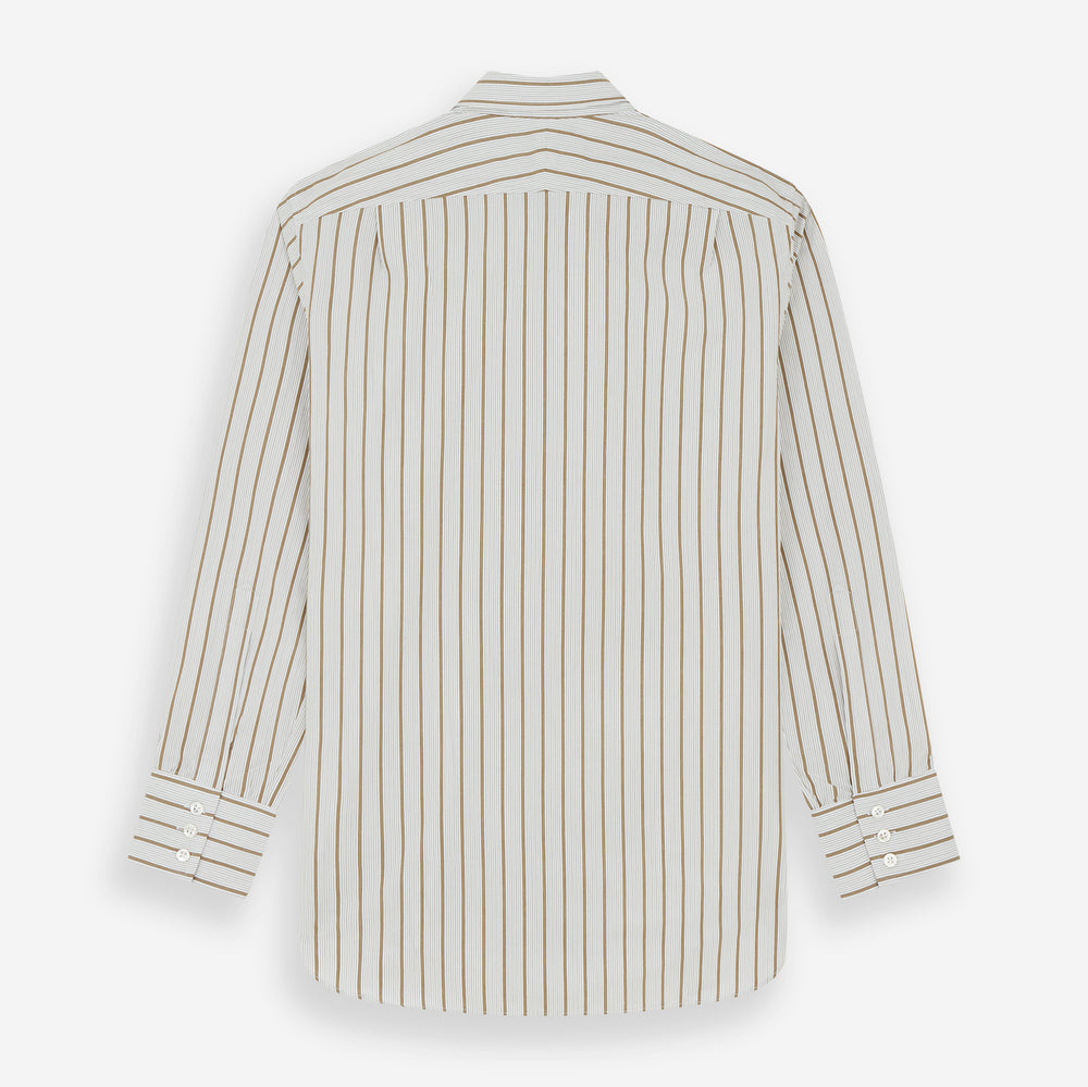 The Turnbull & Asser Brown Multi Track Stripe Chelsea Shirt features long sleeves, multi-track tan stripes, a left chest pocket, and an open T&A collar, shown laid flat on a white background.