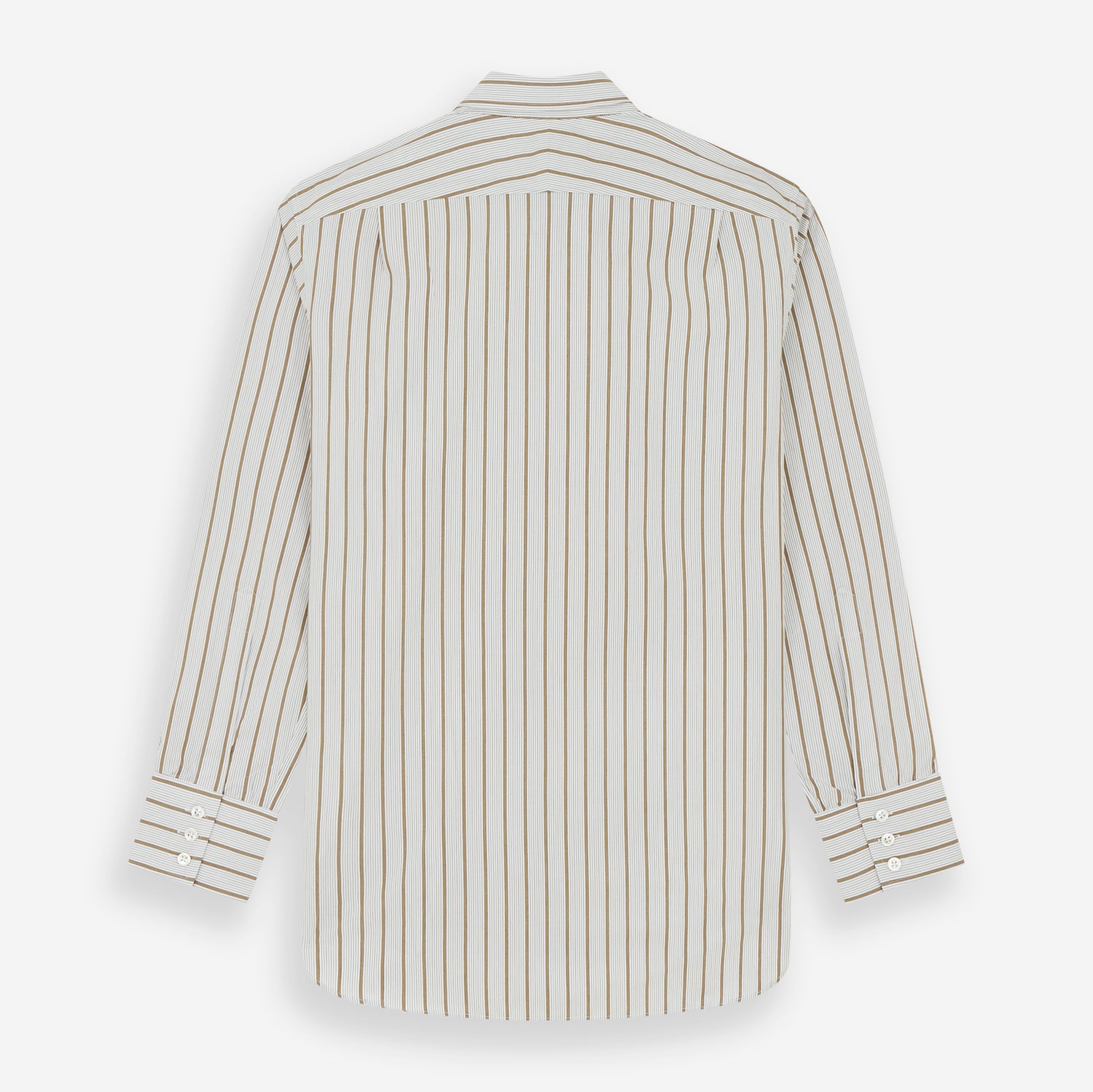 View 6 of product The Turnbull & Asser Brown Multi Track Stripe Chelsea Shirt features long sleeves, multi-track tan stripes, a left chest pocket, and an open T&A collar, shown laid flat on a white background.