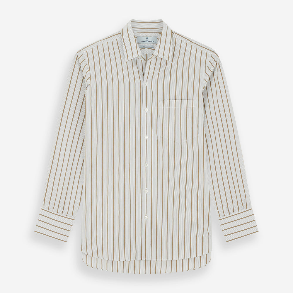 The Turnbull & Asser Brown Multi Track Stripe Chelsea Shirt features long sleeves, multi-track tan stripes, a left chest pocket, and an open T&A collar, shown laid flat on a white background.