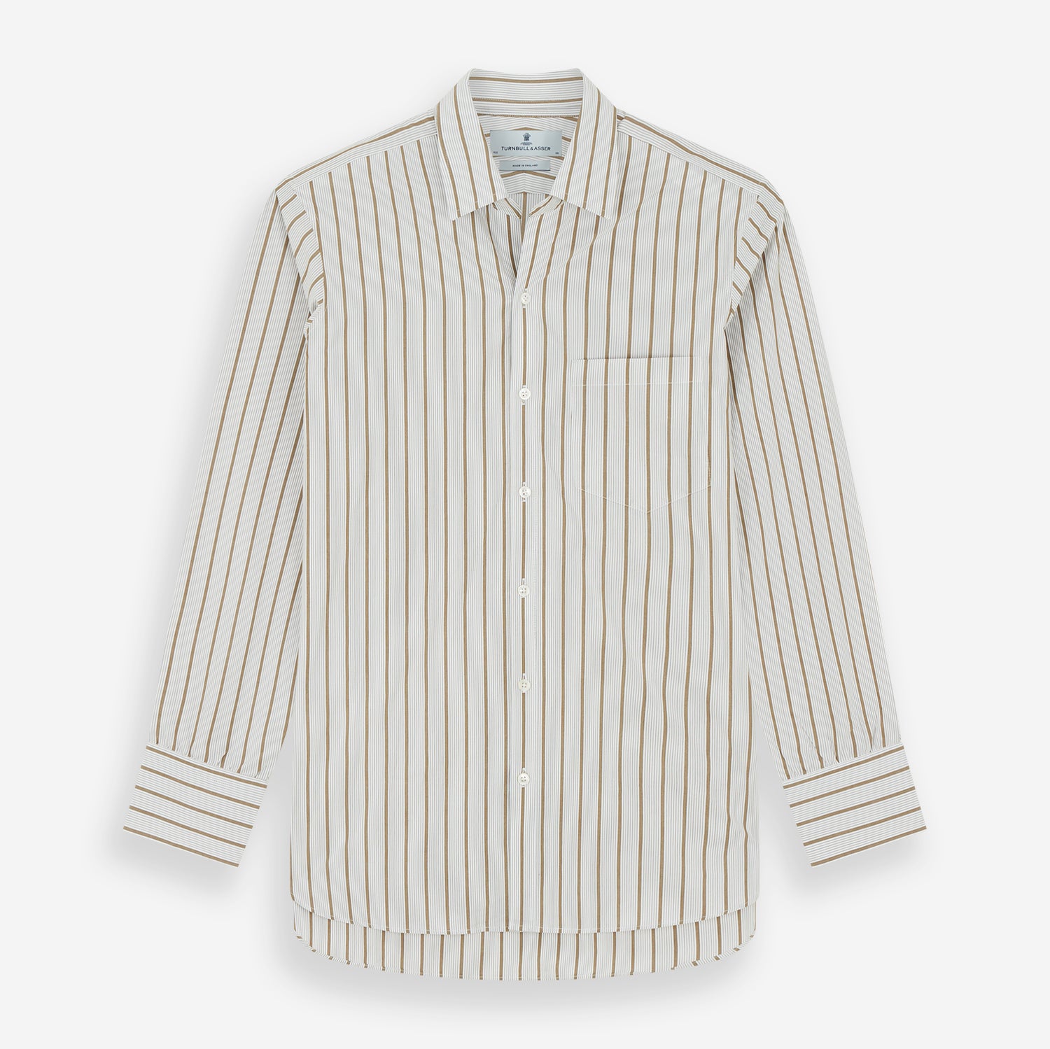 View 1 of product The Turnbull & Asser Brown Multi Track Stripe Chelsea Shirt features long sleeves, multi-track tan stripes, a left chest pocket, and an open T&A collar, shown laid flat on a white background.