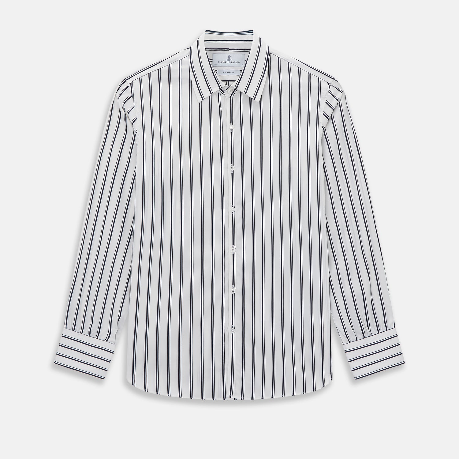View 1 of product The Turnbull & Asser UK NAVY STRIPED COTTON WESTMINSTER SHIRT features long sleeves, a button-down front, pointed collar, and vertical navy stripes on white for classic British style.
