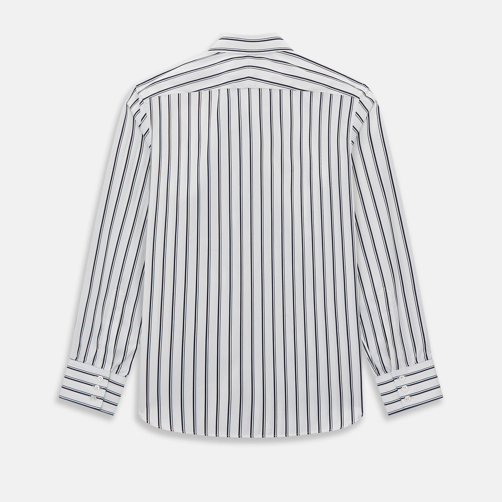 The Turnbull & Asser UK NAVY STRIPED COTTON WESTMINSTER SHIRT features long sleeves, a button-down front, pointed collar, and vertical navy stripes on white for classic British style.