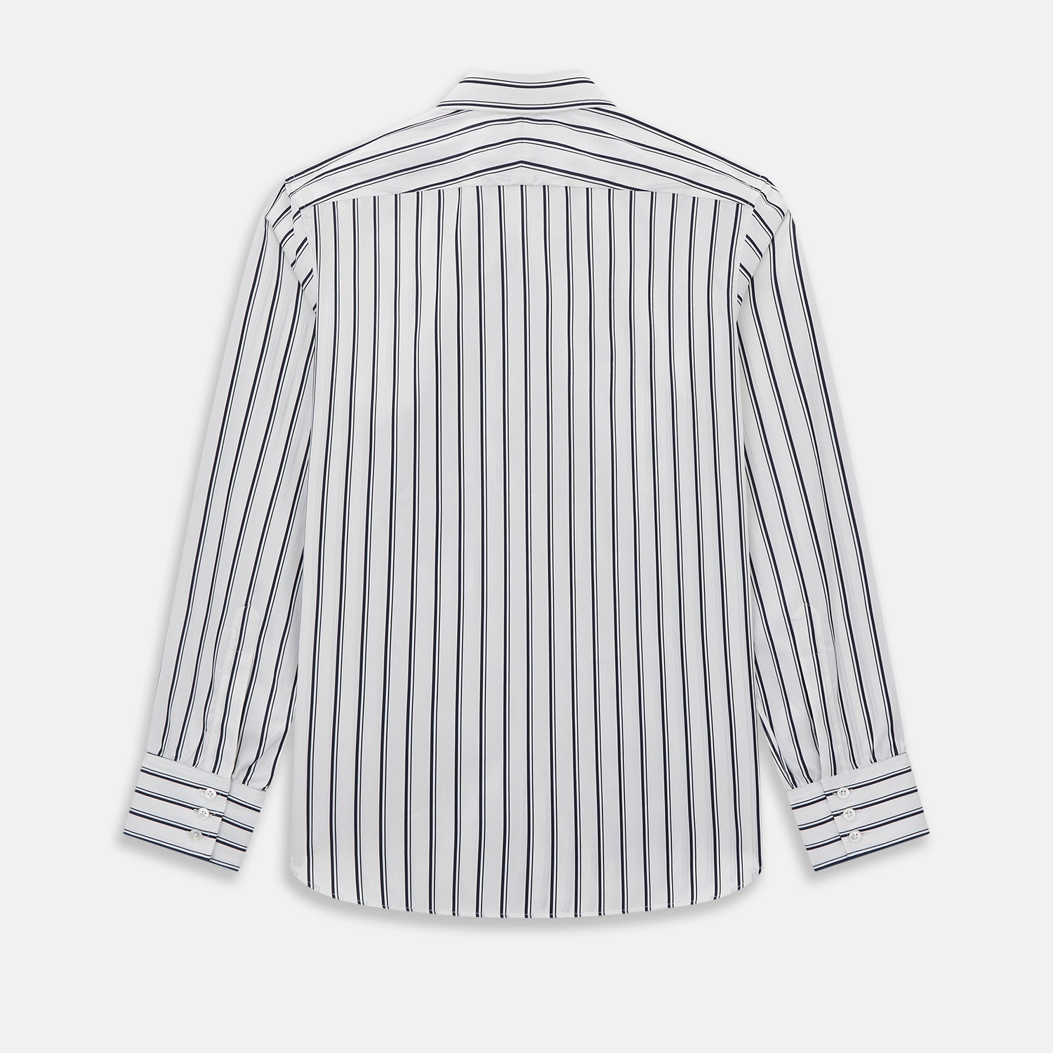 View 3 of product The Turnbull & Asser UK NAVY STRIPED COTTON WESTMINSTER SHIRT features long sleeves, a button-down front, pointed collar, and vertical navy stripes on white for classic British style.