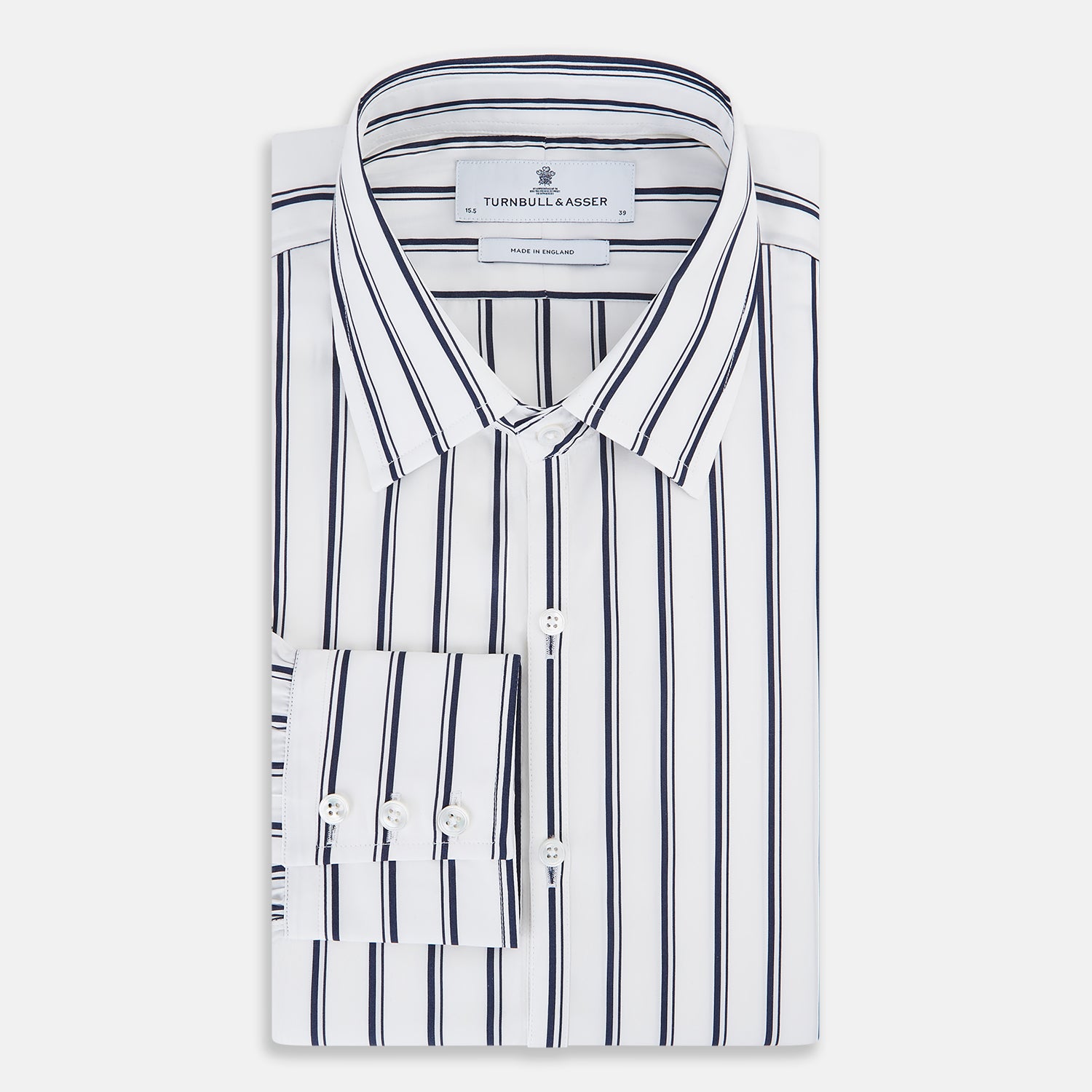 View 5 of product The Turnbull & Asser UK NAVY STRIPED COTTON WESTMINSTER SHIRT features long sleeves, a button-down front, pointed collar, and vertical navy stripes on white for classic British style.