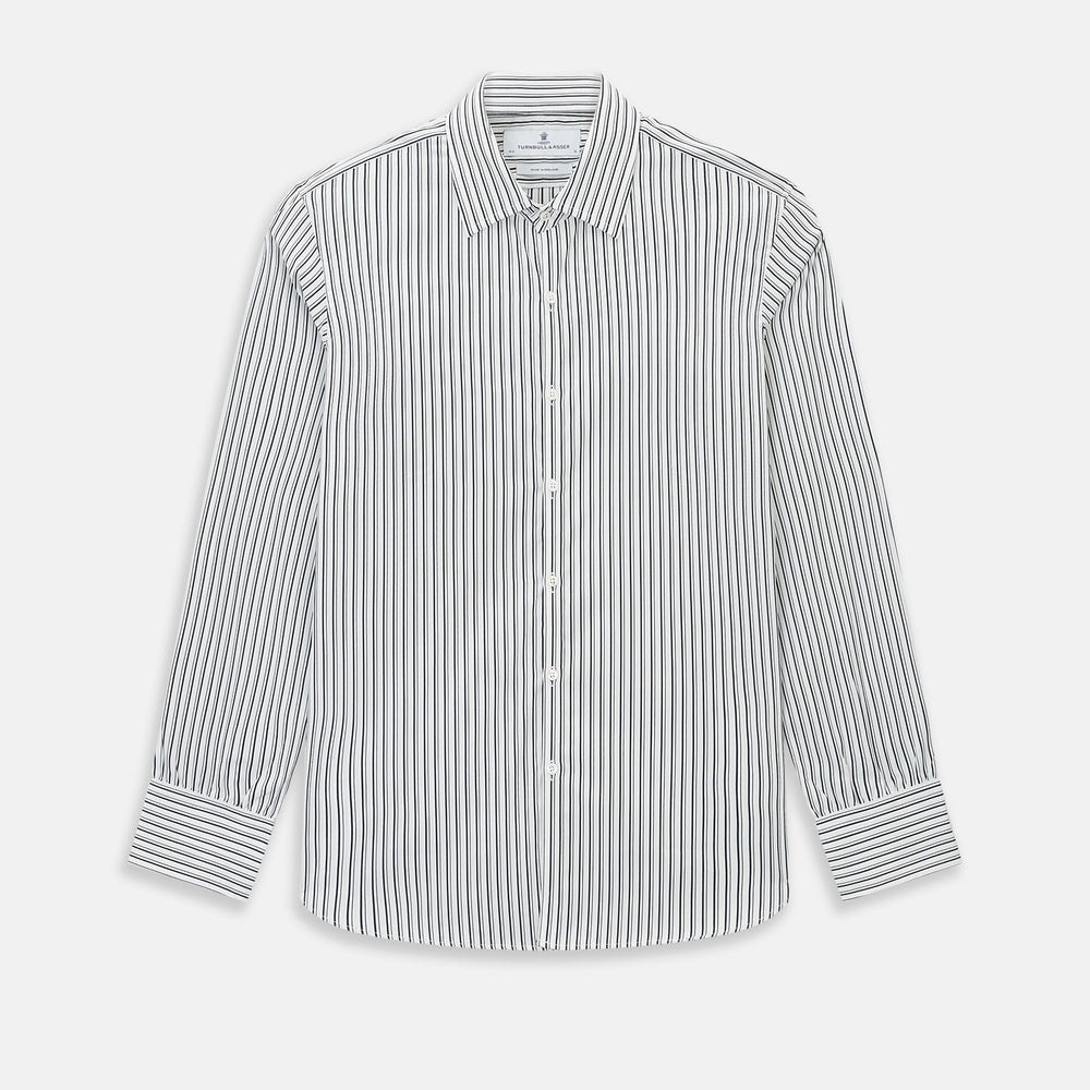 Laid flat on a white background, the Turnbull & Asser UK Westminster White Regular Fit Shirt in Cotton features vertical black and white stripes, a classic collar, buttoned cuffs, and a button-up front—an elegant wardrobe essential that offers timeless style for everyday wear.