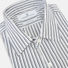 View 2 of product Laid flat on a white background, the Turnbull & Asser UK Westminster White Regular Fit Shirt in Cotton features vertical black and white stripes, a classic collar, buttoned cuffs, and a button-up front—an elegant wardrobe essential that offers timeless style for everyday wear.