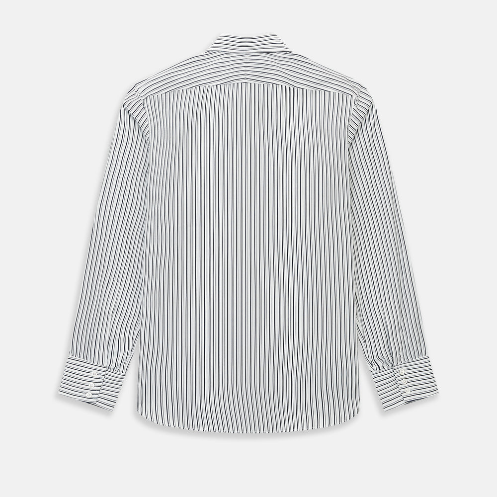Laid flat on a white background, the Turnbull & Asser UK Westminster White Regular Fit Shirt in Cotton features vertical black and white stripes, a classic collar, buttoned cuffs, and a button-up front—an elegant wardrobe essential that offers timeless style for everyday wear.