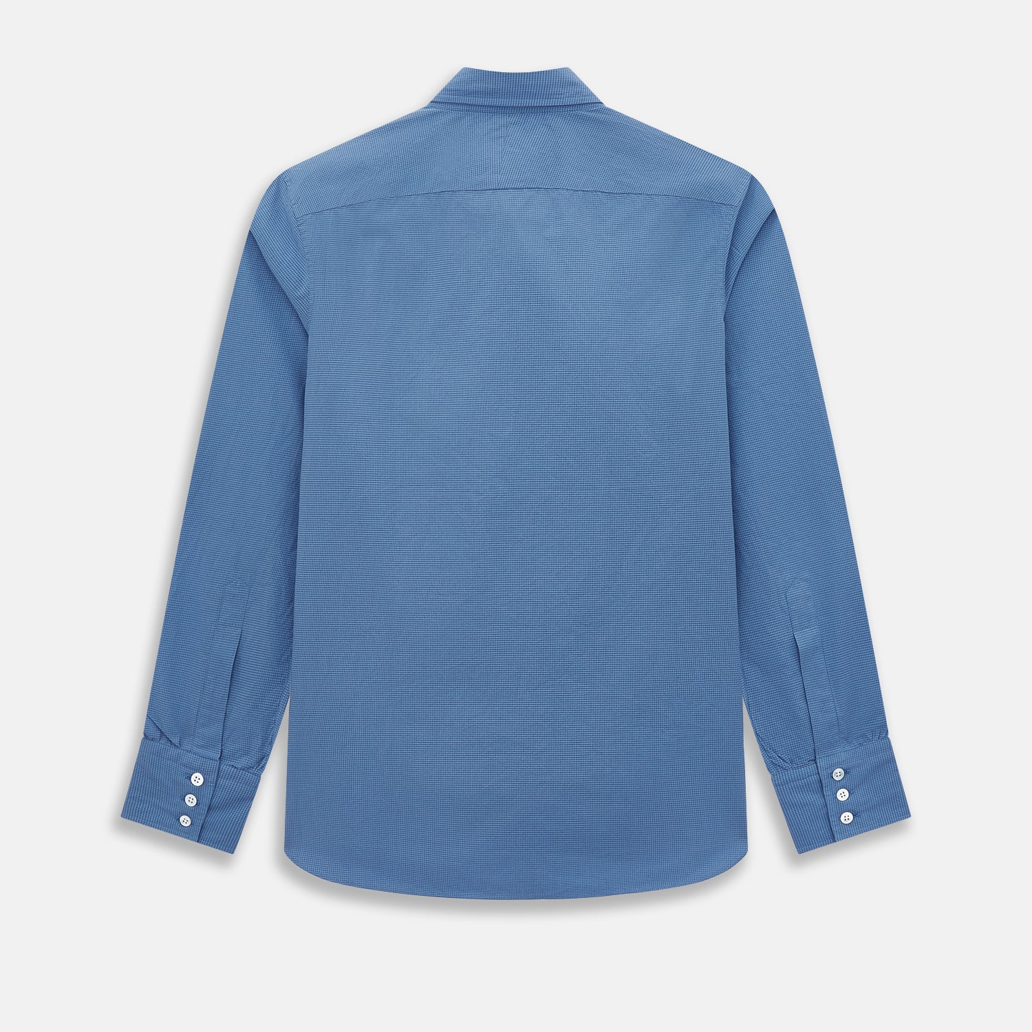 View 3 of product A Colony Blue Pin Check Windsor Shirt by Turnbull & Asser UK, featuring long sleeves, white buttons, a classic Turnbull collar, and buttoned cuffs—expertly crafted in Britain and displayed flat on a white background.