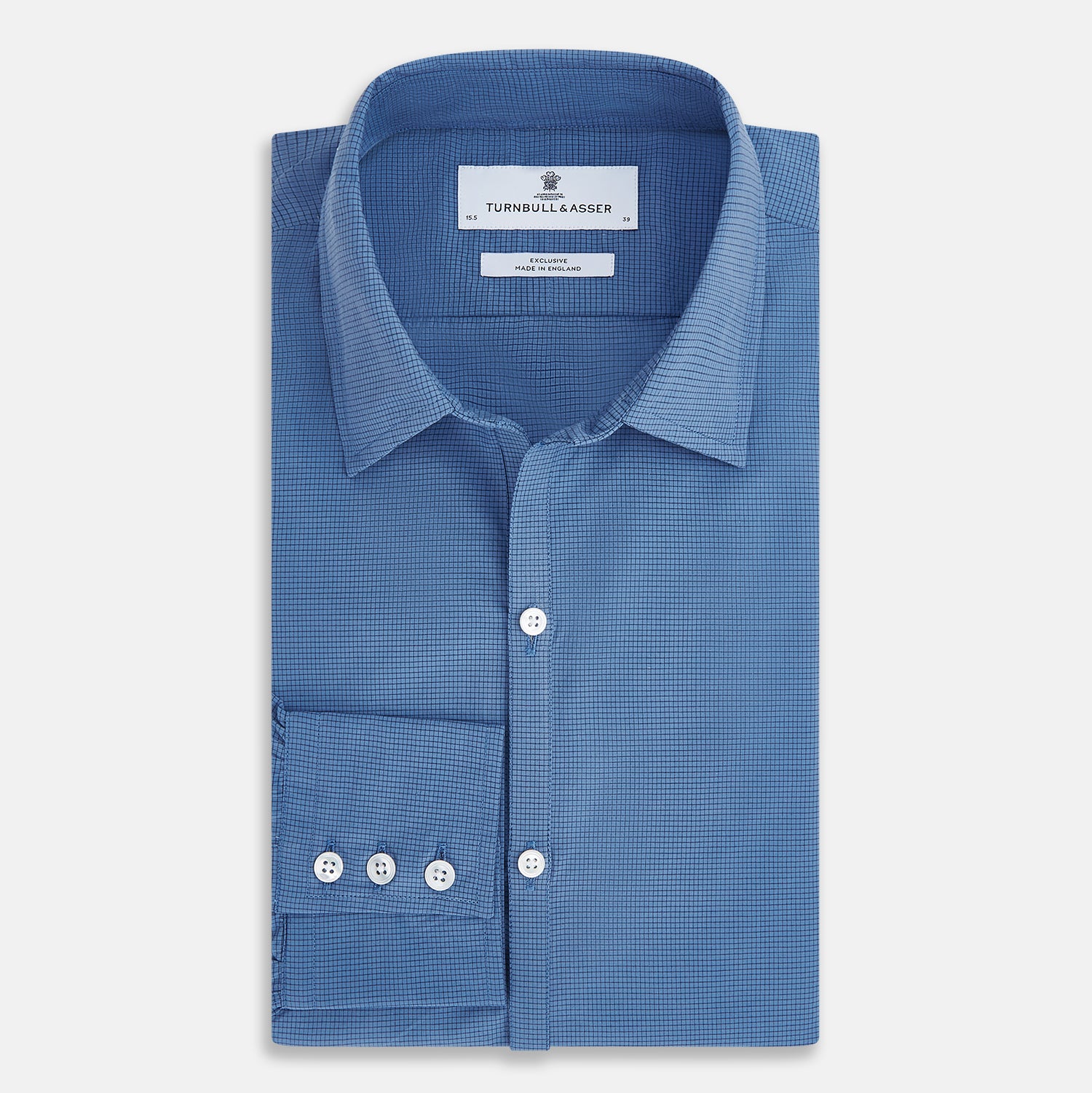 View 5 of product A Colony Blue Pin Check Windsor Shirt by Turnbull & Asser UK, featuring long sleeves, white buttons, a classic Turnbull collar, and buttoned cuffs—expertly crafted in Britain and displayed flat on a white background.
