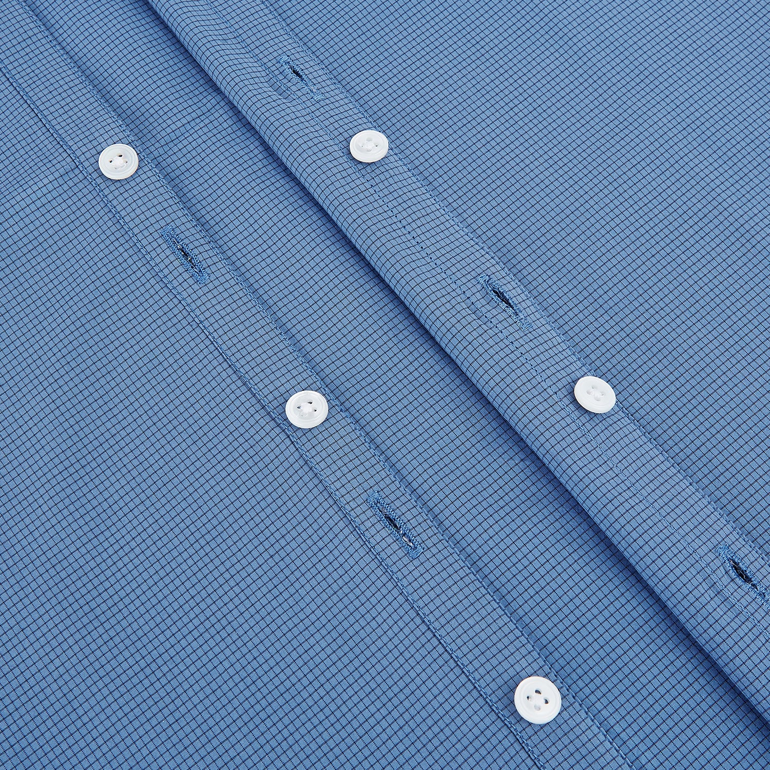 View 7 of product A Colony Blue Pin Check Windsor Shirt by Turnbull & Asser UK, featuring long sleeves, white buttons, a classic Turnbull collar, and buttoned cuffs—expertly crafted in Britain and displayed flat on a white background.