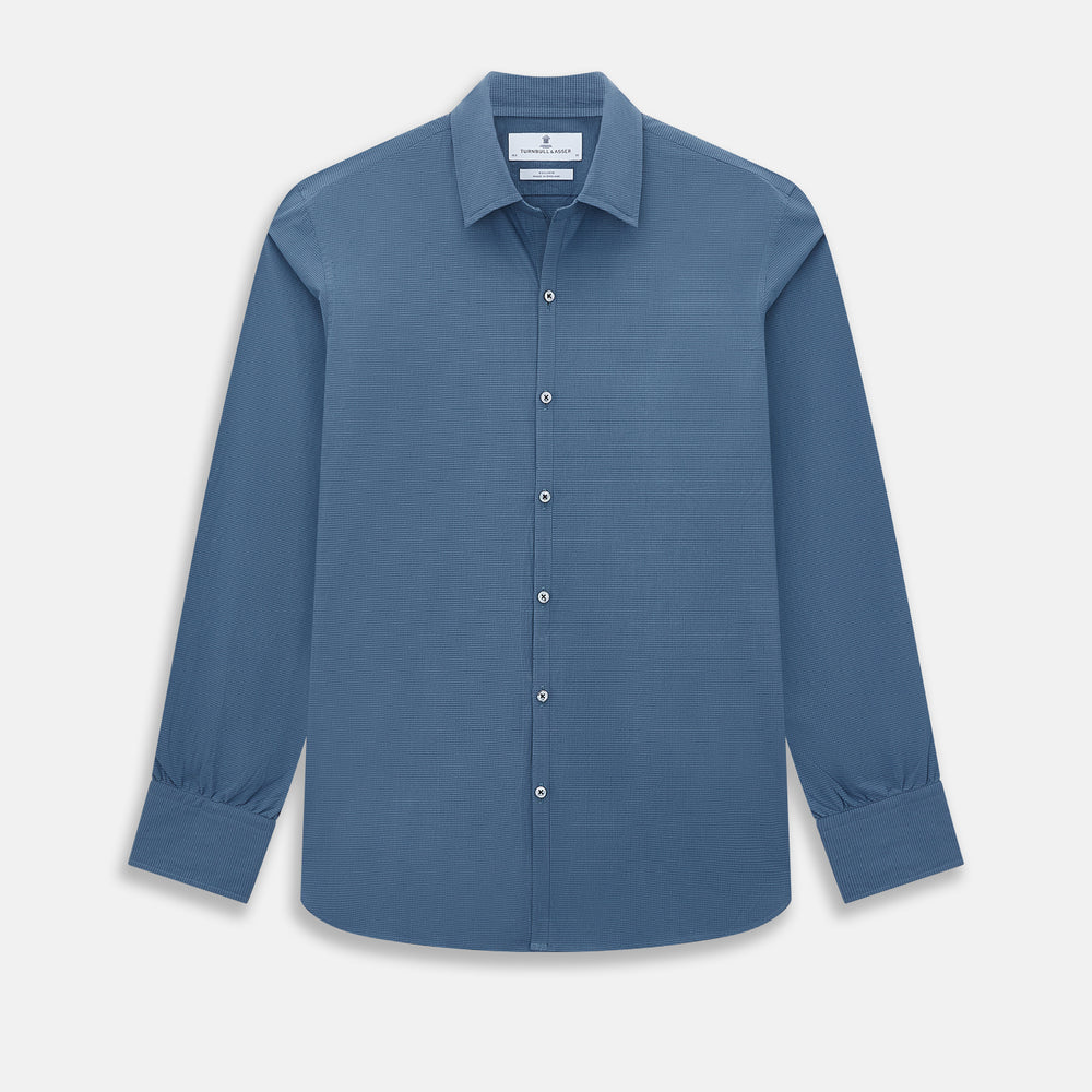 Steel Grey Pin Check Windsor Shirt in steel grey with a small grid pattern, a spread collar, and barrel cuffs.