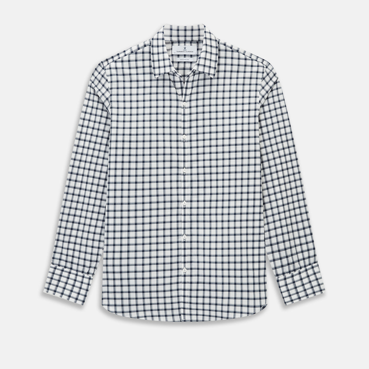 View 1 of product A Chequered Navy on White Windsor Regular Fit Shirt in Cotton by Turnbull & Asser UK, featuring long sleeves, a classic collar, buttoned cuffs, and a navy and white windowpane check pattern, displayed on a white background.