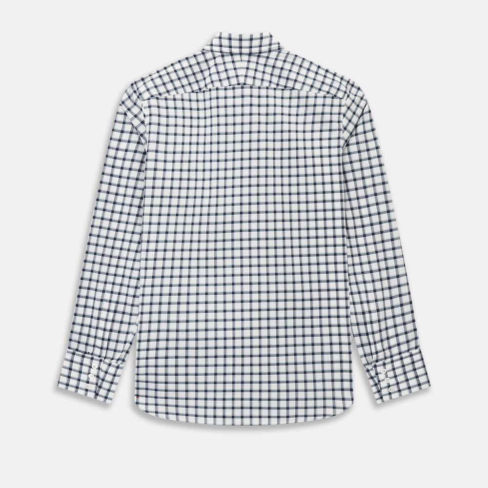 A Chequered Navy on White Windsor Regular Fit Shirt in Cotton by Turnbull & Asser UK, featuring long sleeves, a classic collar, buttoned cuffs, and a navy and white windowpane check pattern, displayed on a white background.