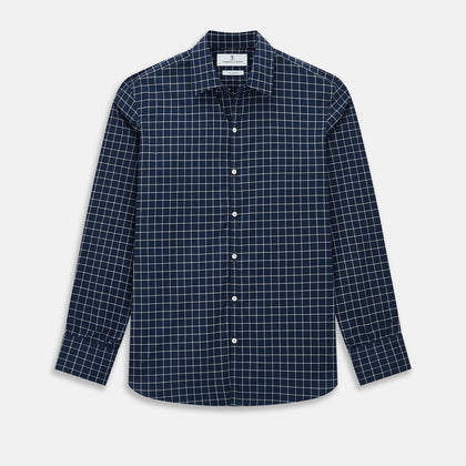 White check on navy Windsor Shirt with Open Collar and 3-Button Cuffs