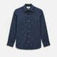 The Turnbull & Asser UK Windsor Navy Regular Fit Shirt in Cotton is a classic men's long-sleeve, button-up shirt featuring a navy blue base with a white grid pattern, displayed laid flat on a white background.