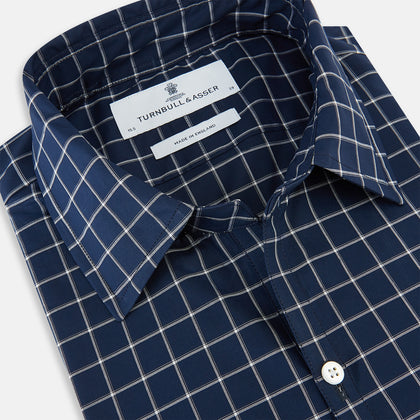 White check on navy Windsor Shirt with Open Collar and 3-Button Cuffs Image 1
