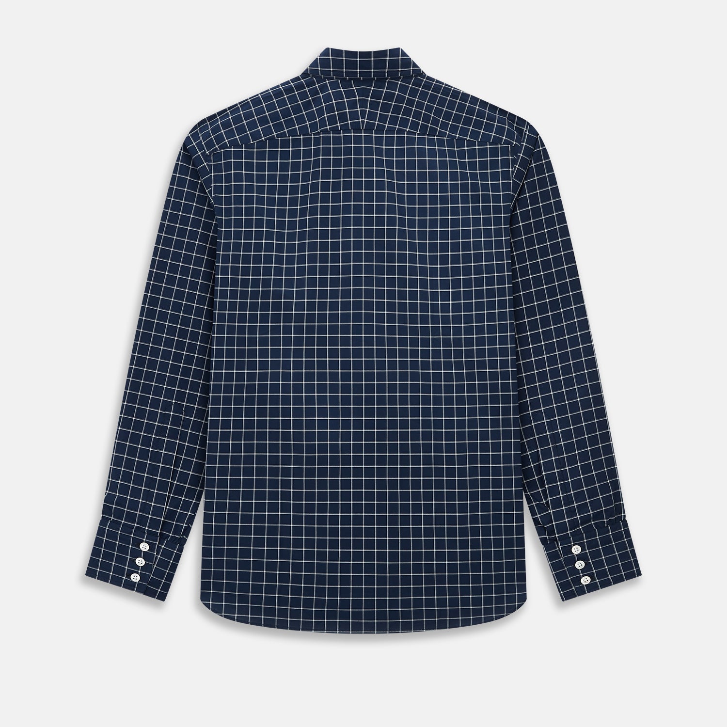 View 3 of product The Turnbull & Asser UK Windsor Navy Regular Fit Shirt in Cotton is a classic men's long-sleeve, button-up shirt featuring a navy blue base with a white grid pattern, displayed laid flat on a white background.