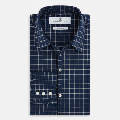 White check on navy Windsor Shirt with Open Collar and 3-Button Cuffs Image 4