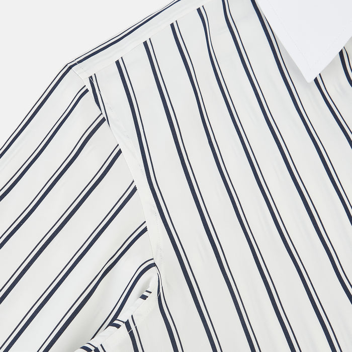 Windsor Track Stripe Navy Open Collar Regular Fit Shirt in Cotton Image 5